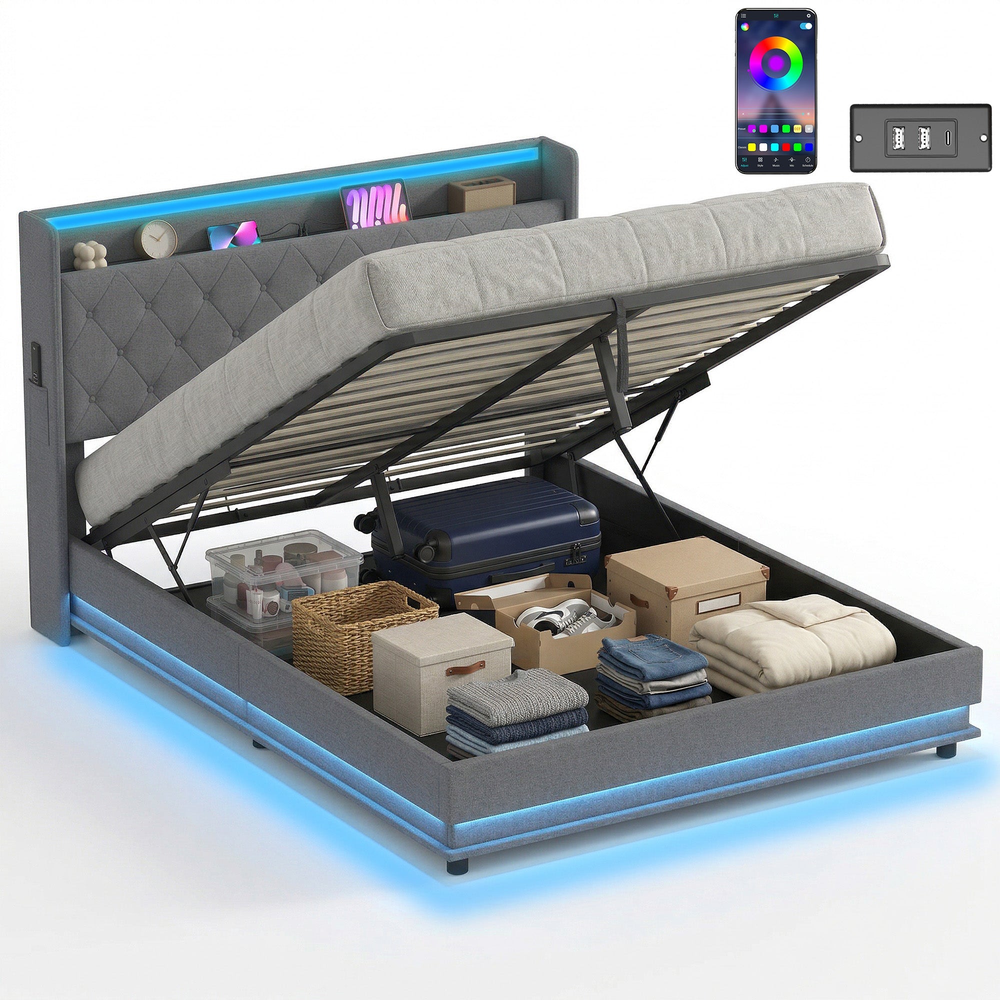 5ft King Ottoman Bed with Hydraulic Storage, LED App Control & Charger, Dark Grey