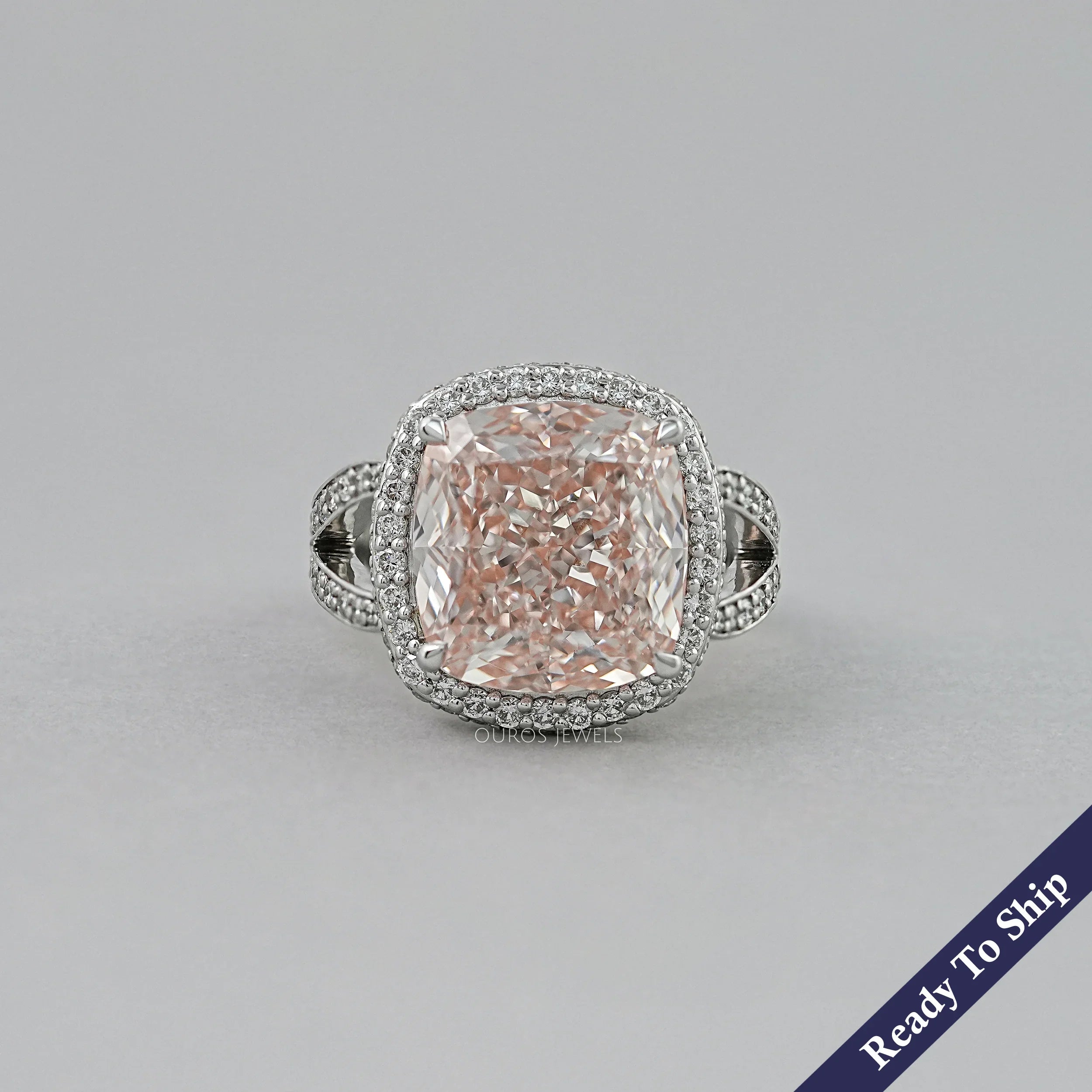 Intense Pink Cushion Lab Diamond Halo Engagement Ring