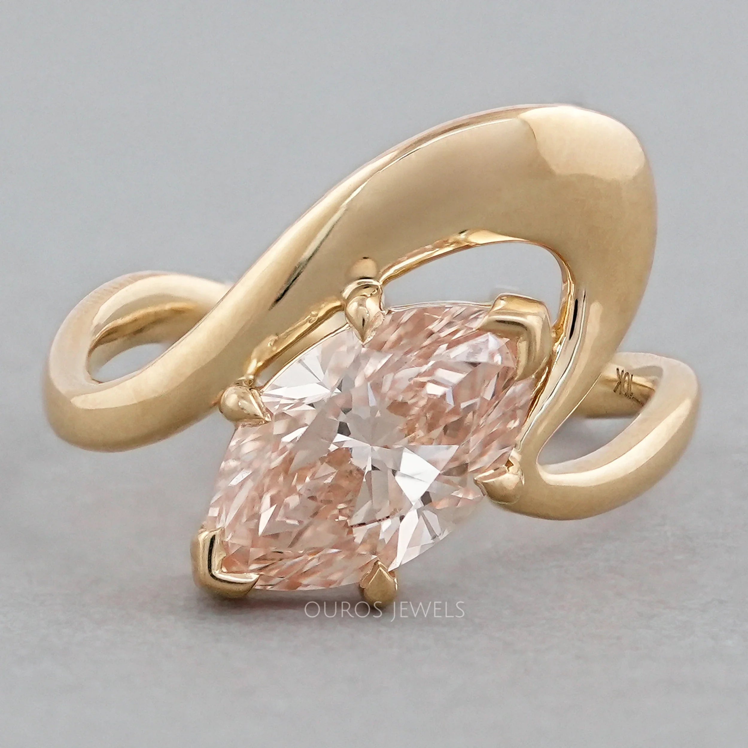 Pink Marquise Cut Lab Diamond Bypass Ring in Yellow Gold