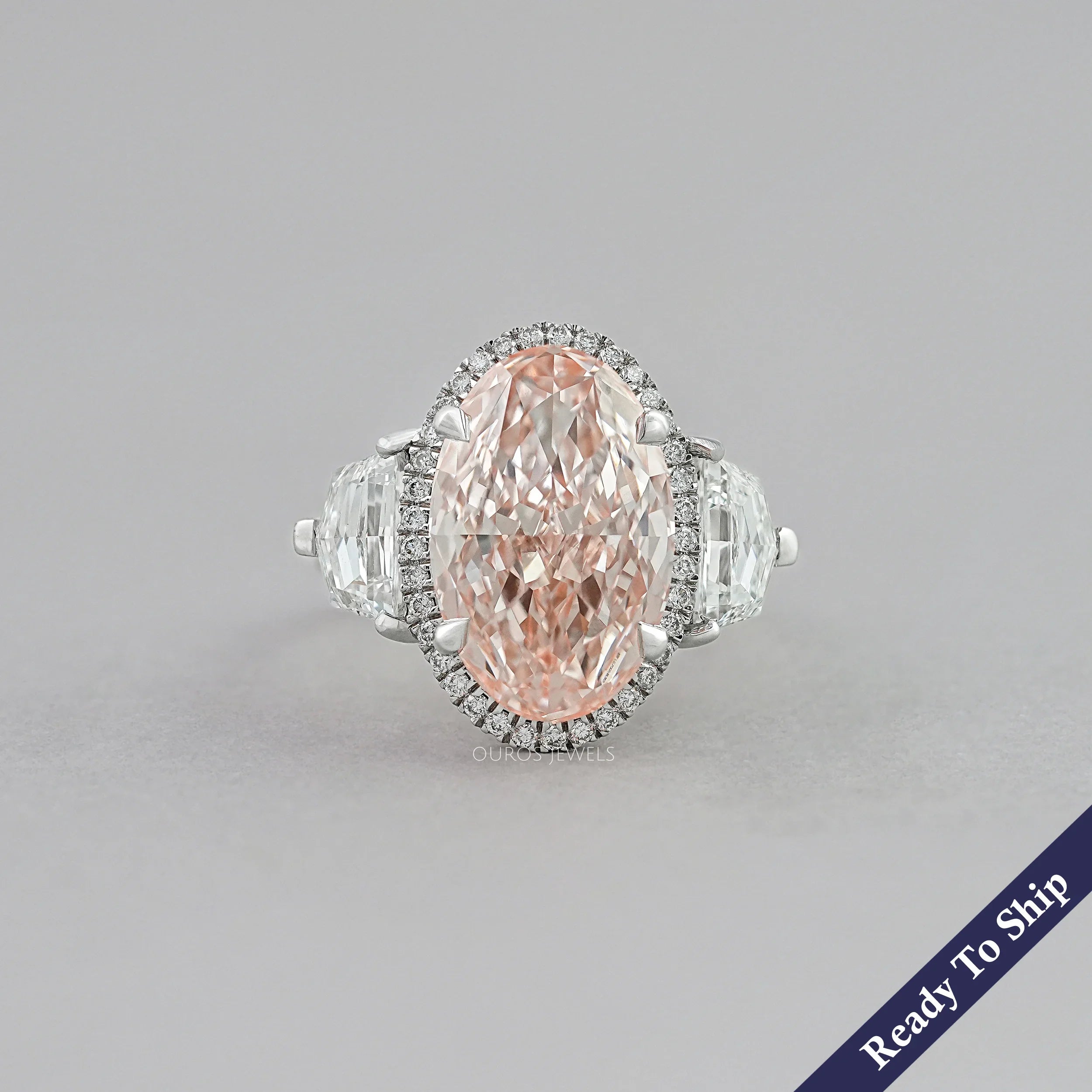 Intense Pink Oval Three Stone Engagement Ring