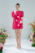 Rosewood Silk Organza Dress with Floral Appliqués