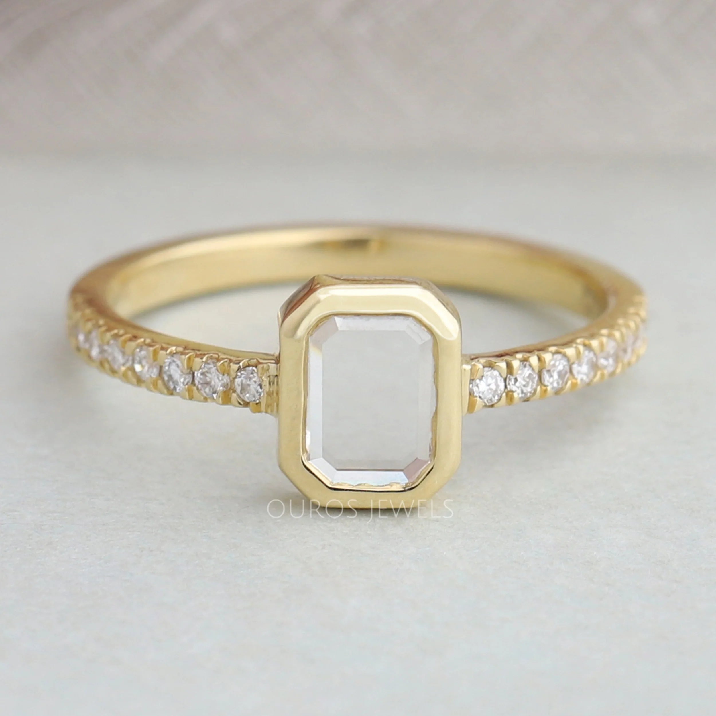 Portrait Cut Emerald Diamond Solitaire Accent Engagement Ring