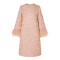 Long Sleeve Powder Pink Brocade Mini Dress with Feather Trim