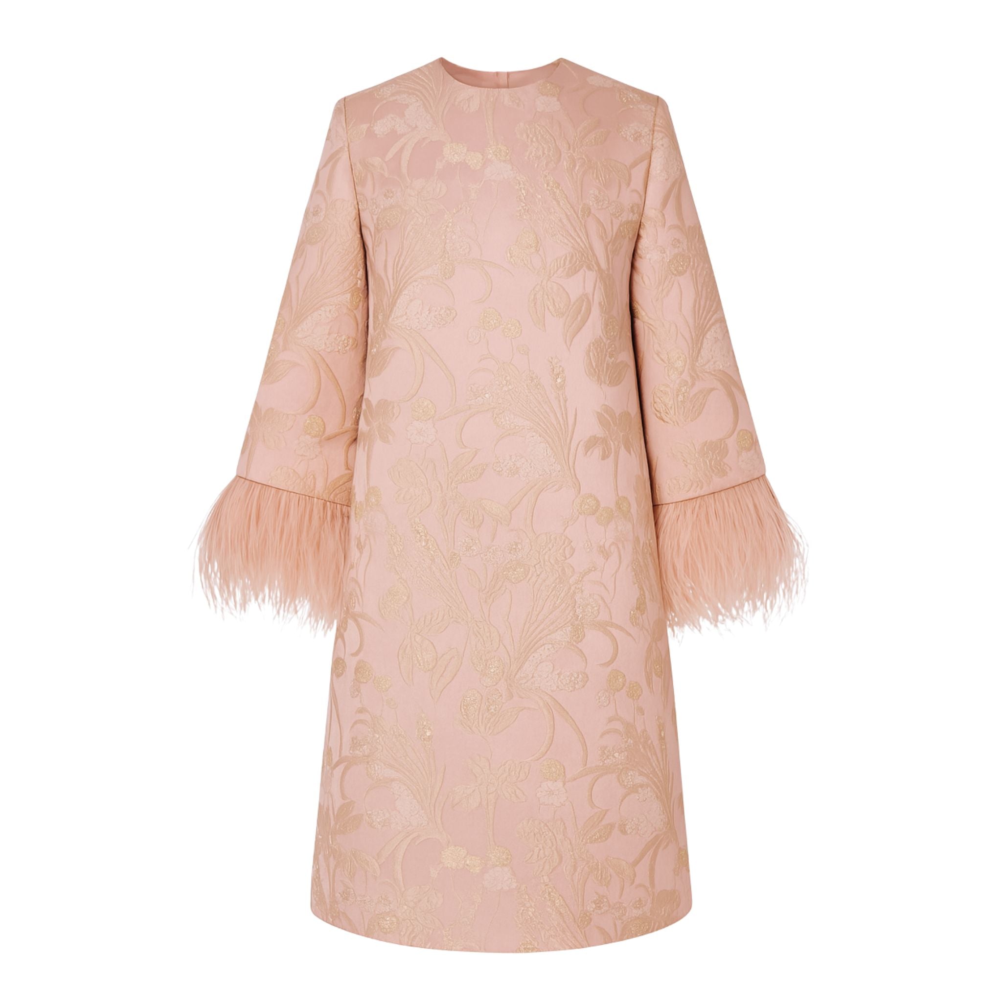 Long Sleeve Powder Pink Brocade Mini Dress with Feather Trim