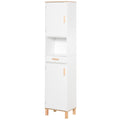 Freestanding Linen Tower, Slim Bathroom Cabinet with Doors, Open Shelf & Drawer, White