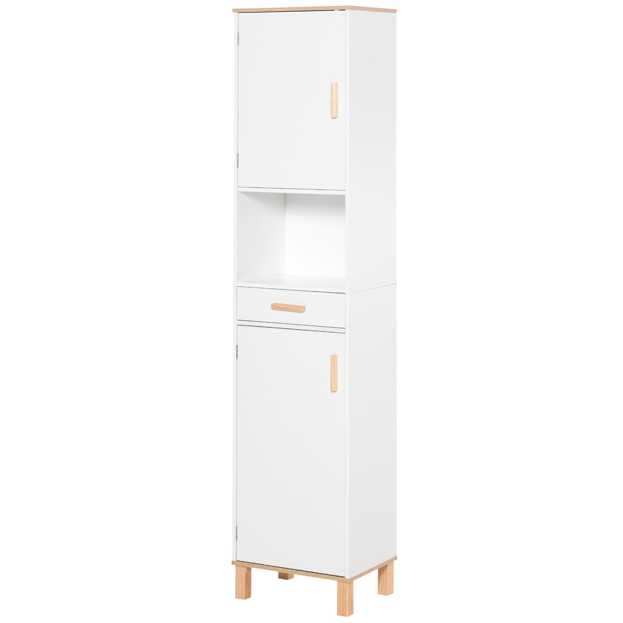 Freestanding Linen Tower, Slim Bathroom Cabinet with Doors, Open Shelf & Drawer, White