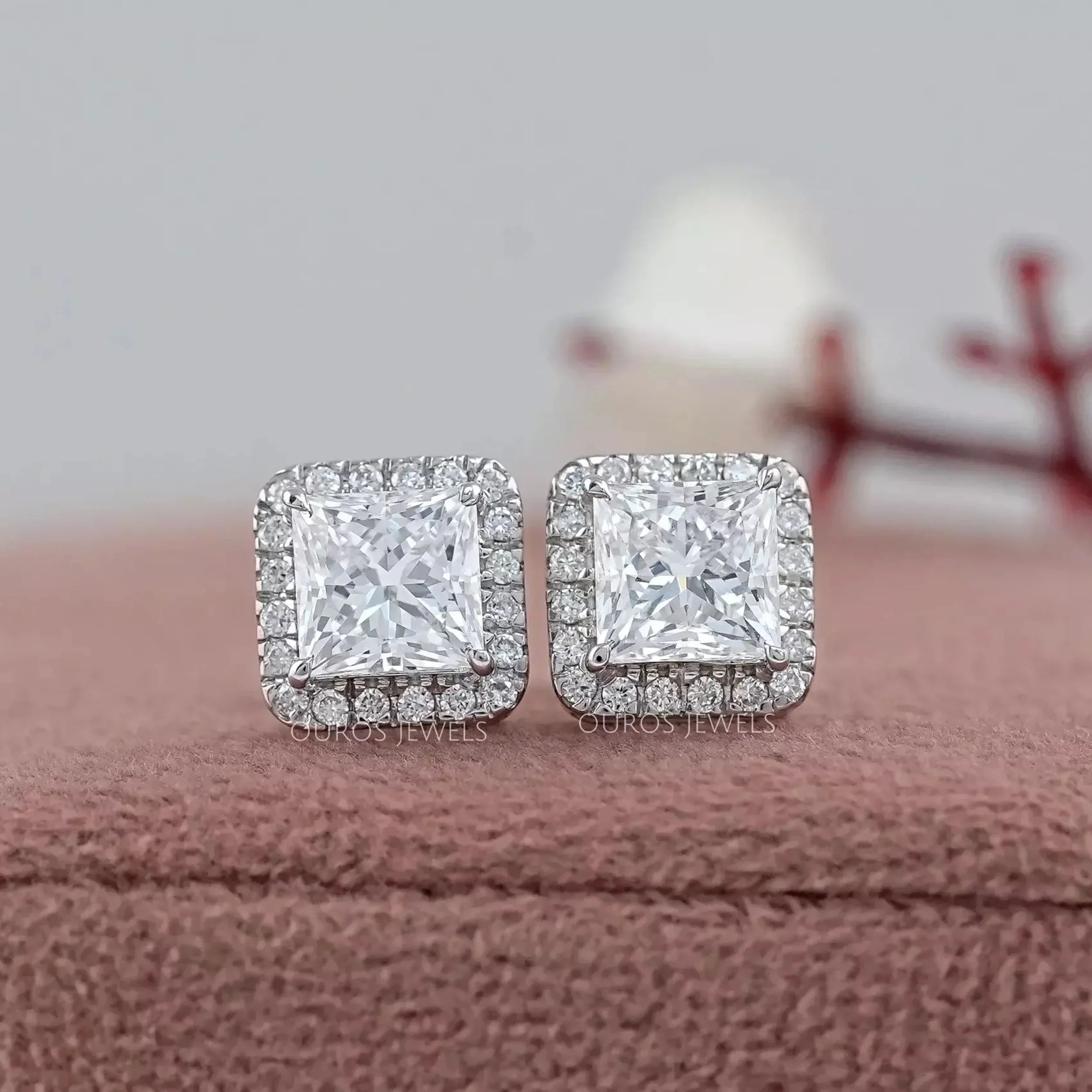 Lab Princess Diamond Halo Stud Earrings