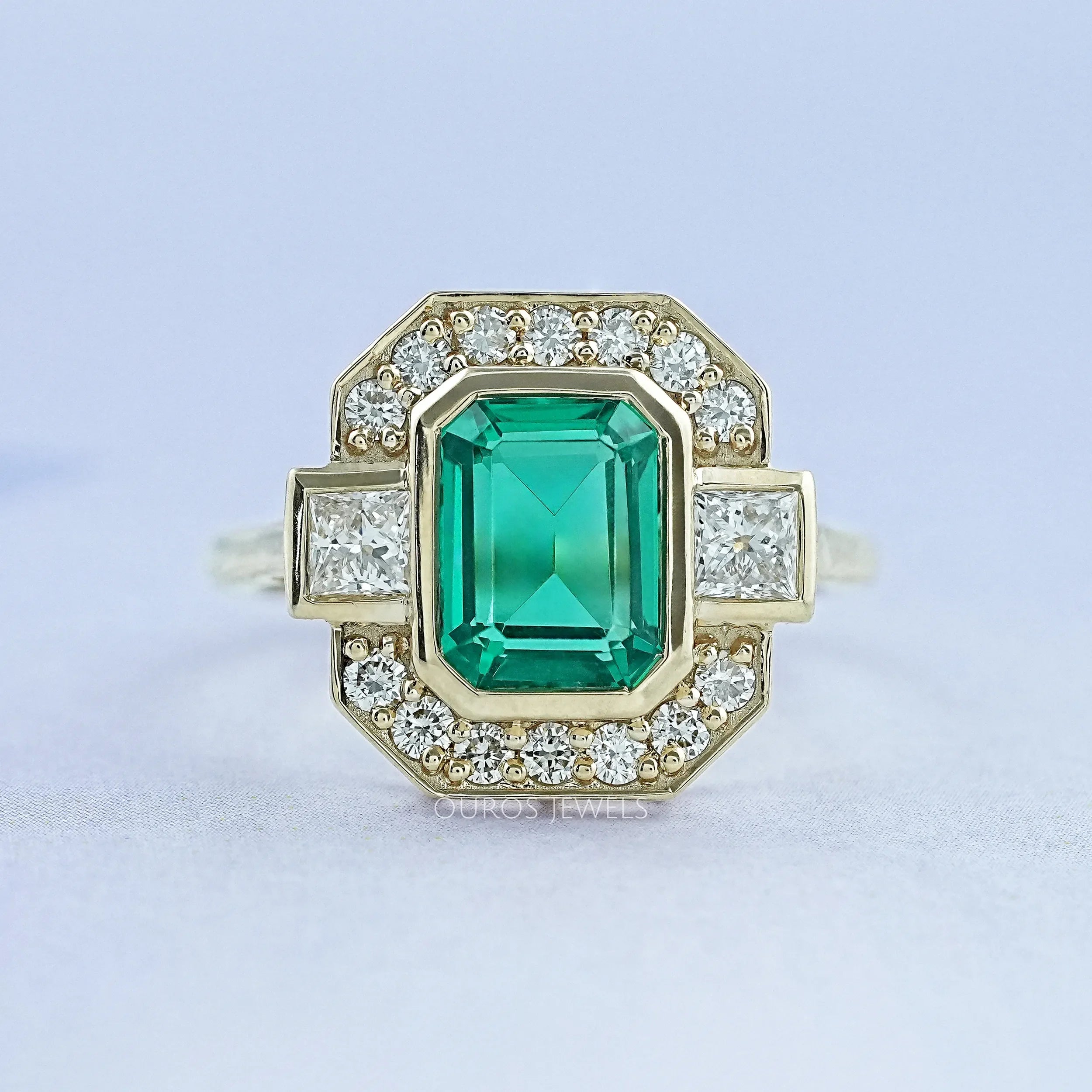 Three Stone Emerald Gemstone Halo Ring