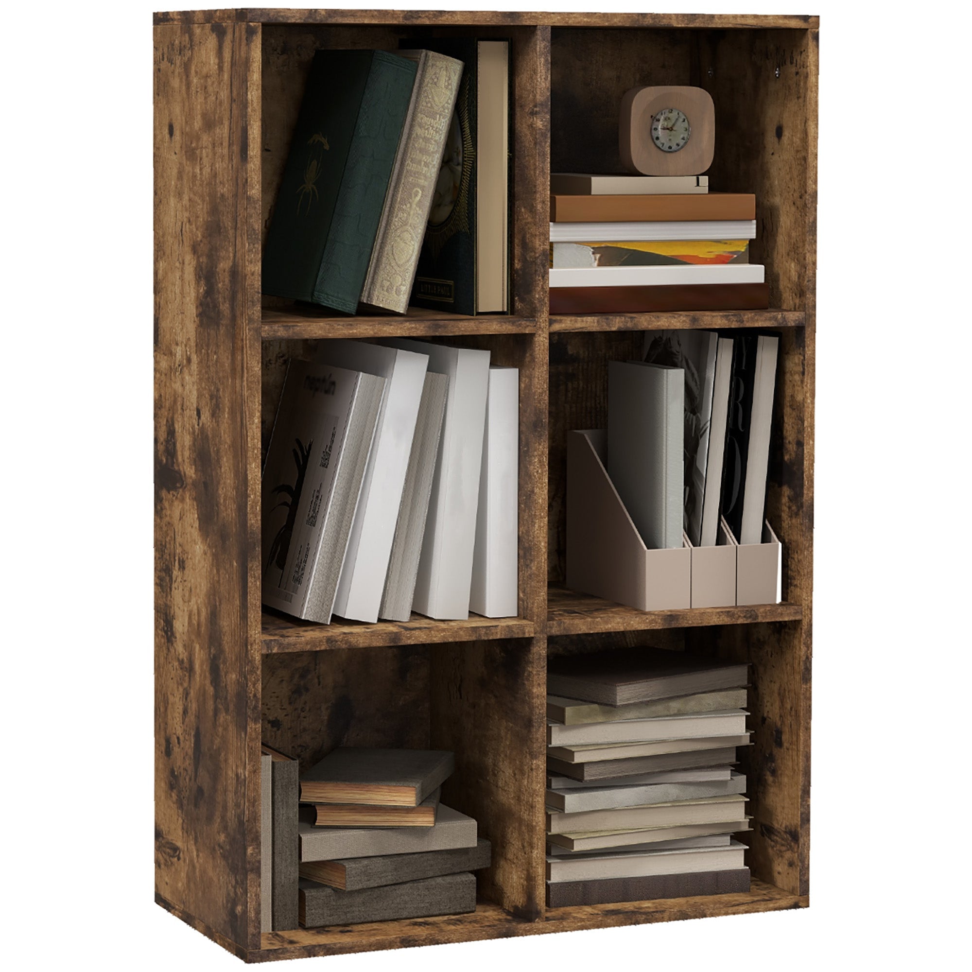 6-Cube Bookcase, Storage Display Shelves for for Study Room, Living Room, Rustic Brown
