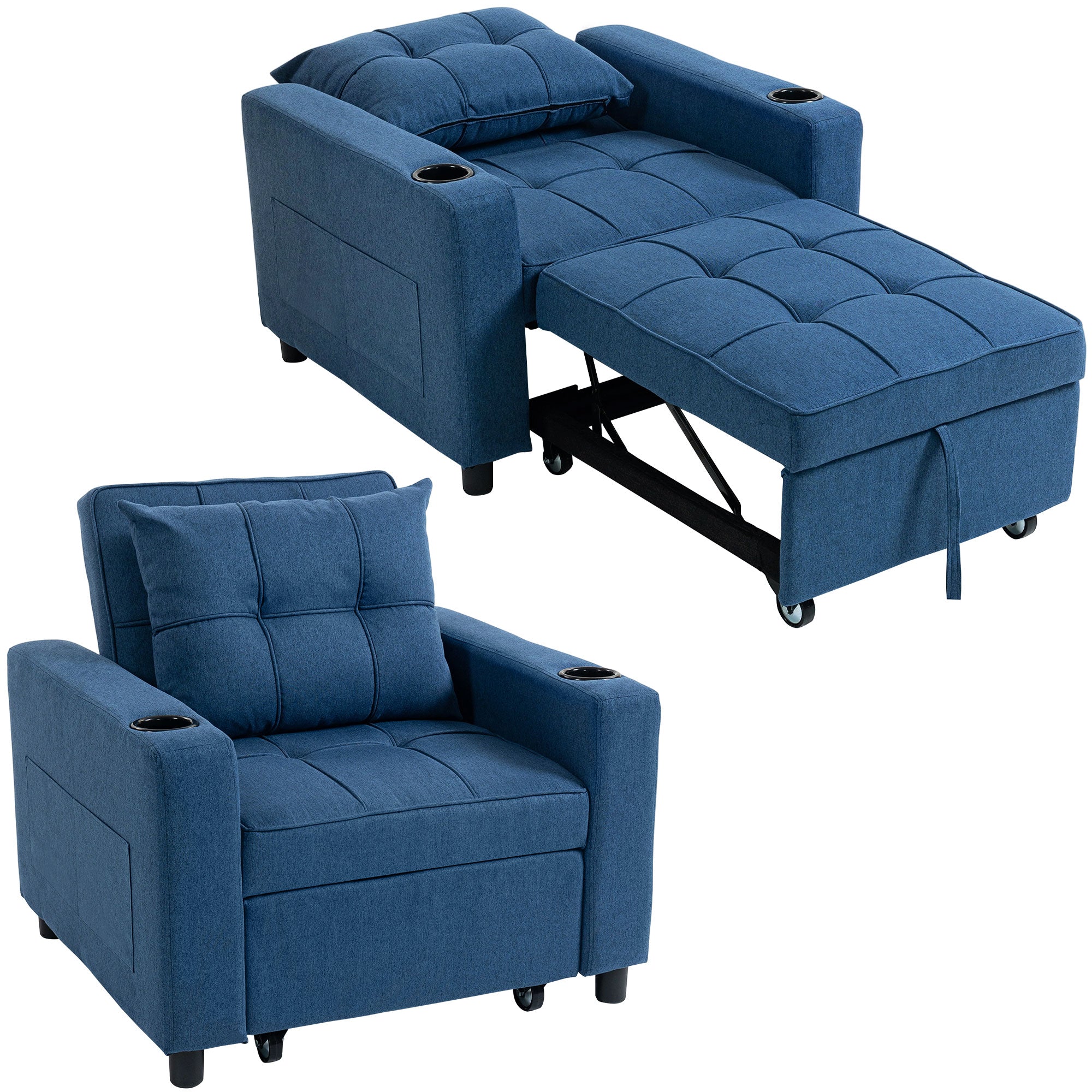 3-in-1 Reclining Sofa Bed Chair with Cup Holders & Side Pockets, Dark Blue
