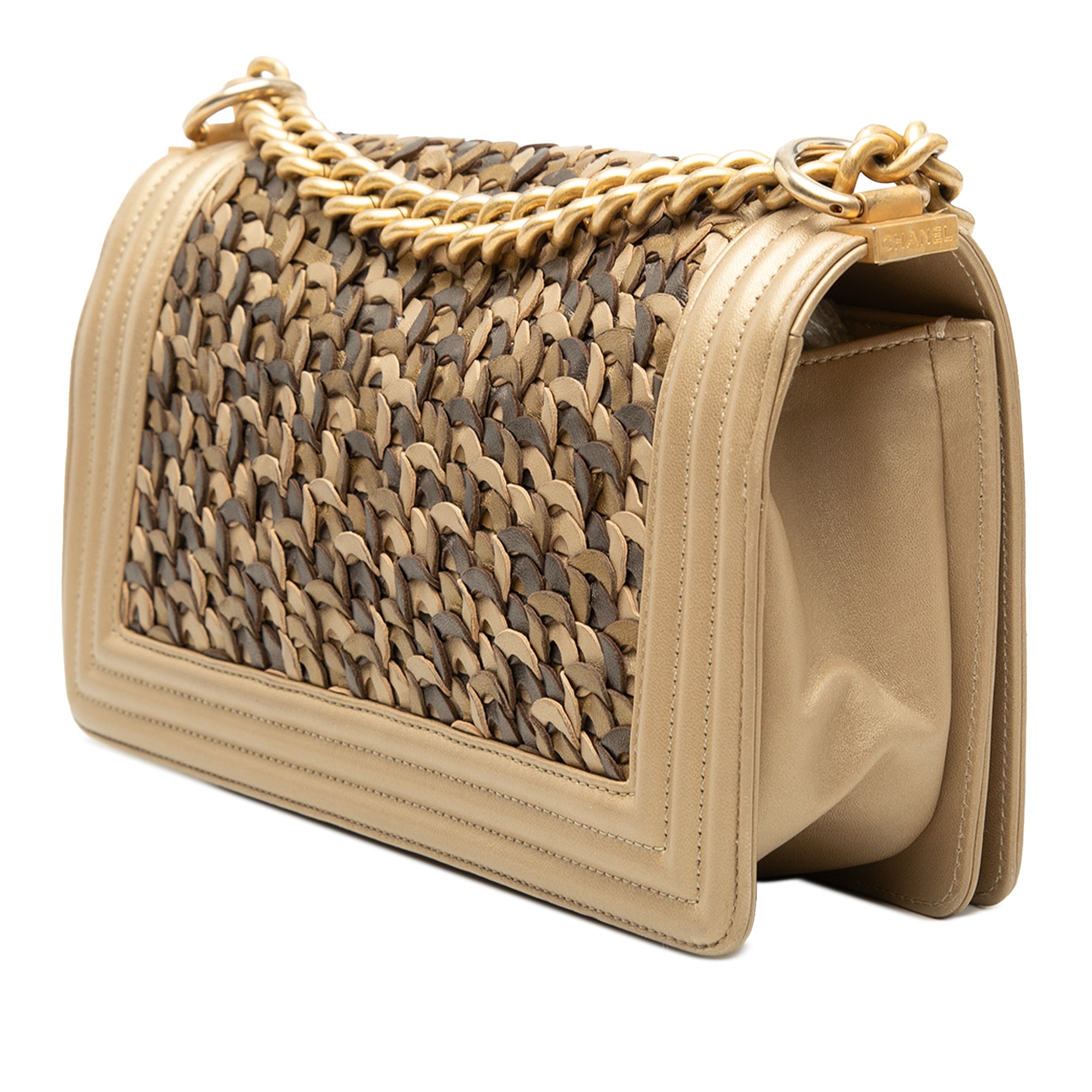 Old Medium Braided Metallic Lambskin Boy Flap