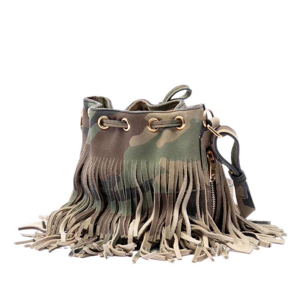 Small Camouflage Print Suede Emmanuelle Fringe Bucket Bag