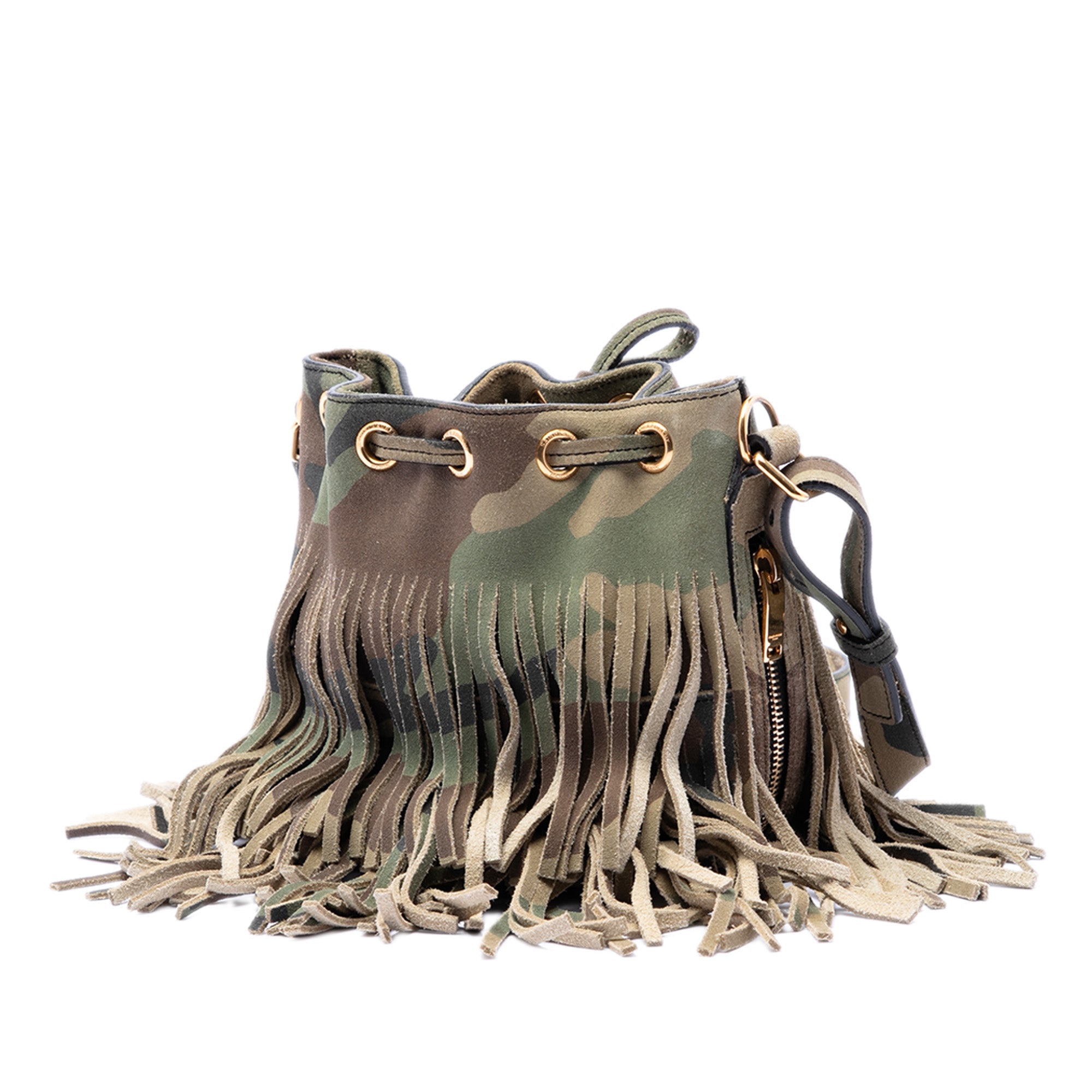 Small Camouflage Print Suede Emmanuelle Fringe Bucket Bag