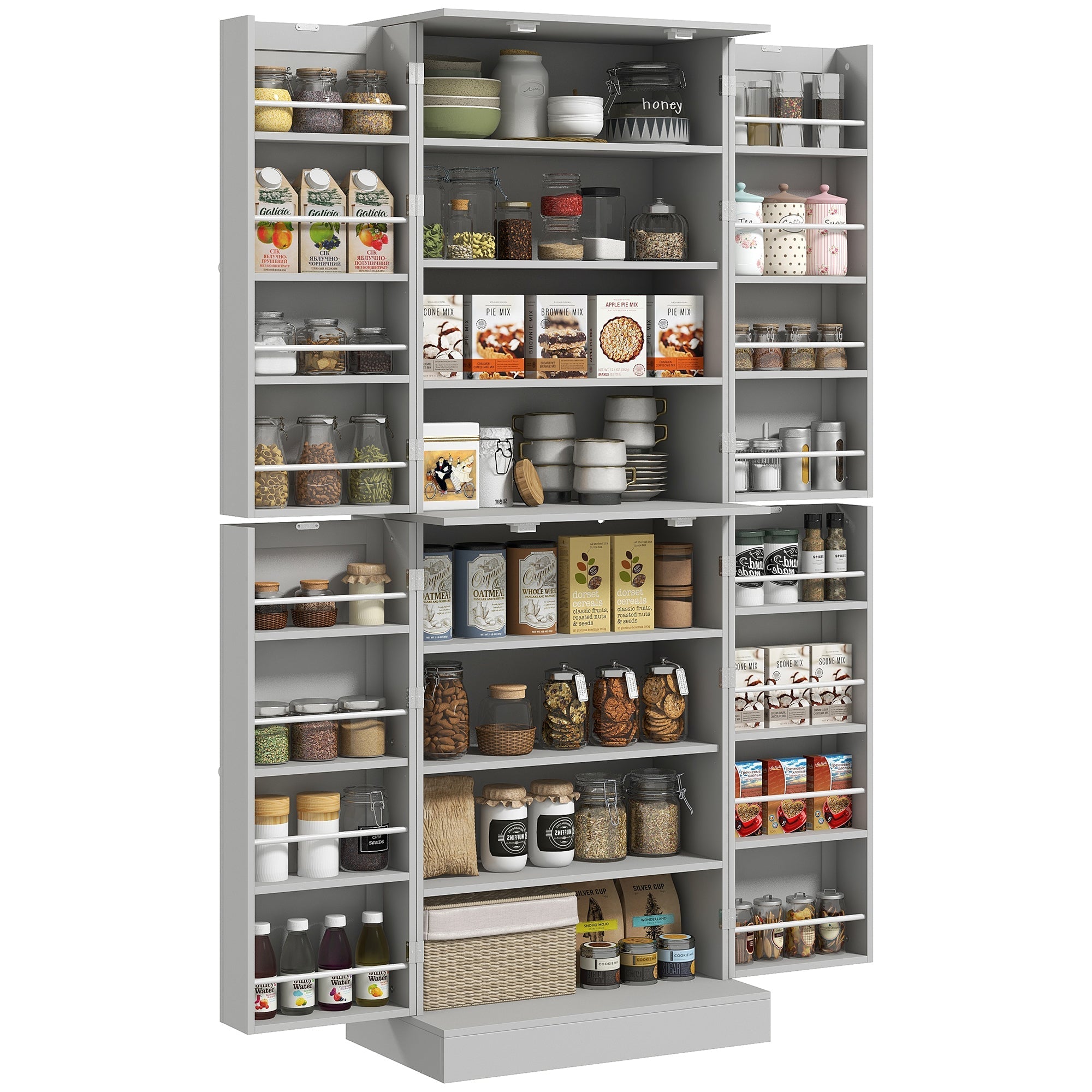 65" Kitchen Pantry Cabinet, Modern Kitchen Pantry with Doors and Shelves, Freestanding Buffet Storage Cabinet with Spice Racks for Dining Room, Grey