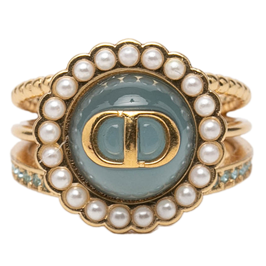 Gold Plated Resin Faux Pearl Strass CD Logo Ring