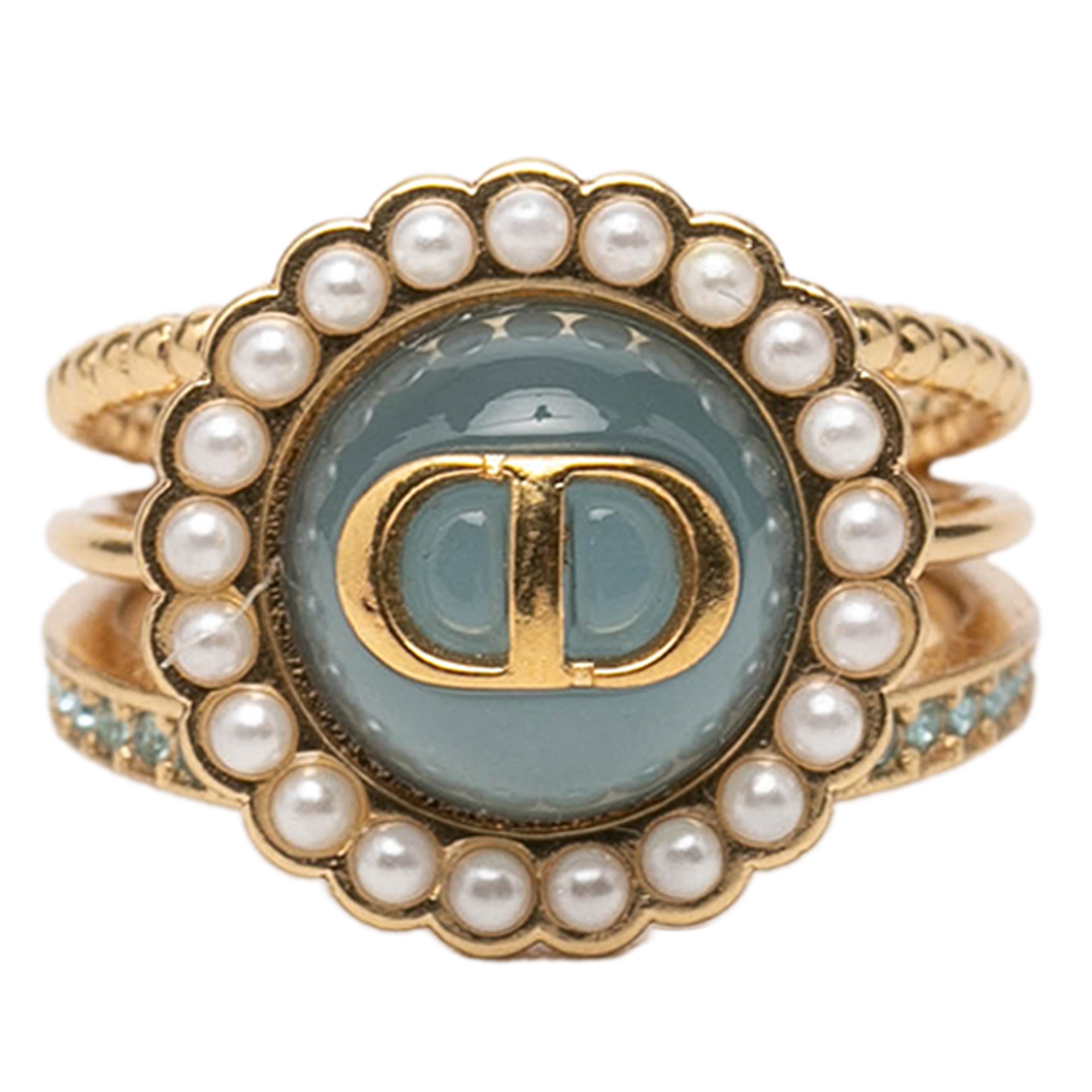 Gold Plated Resin Faux Pearl Strass CD Logo Ring