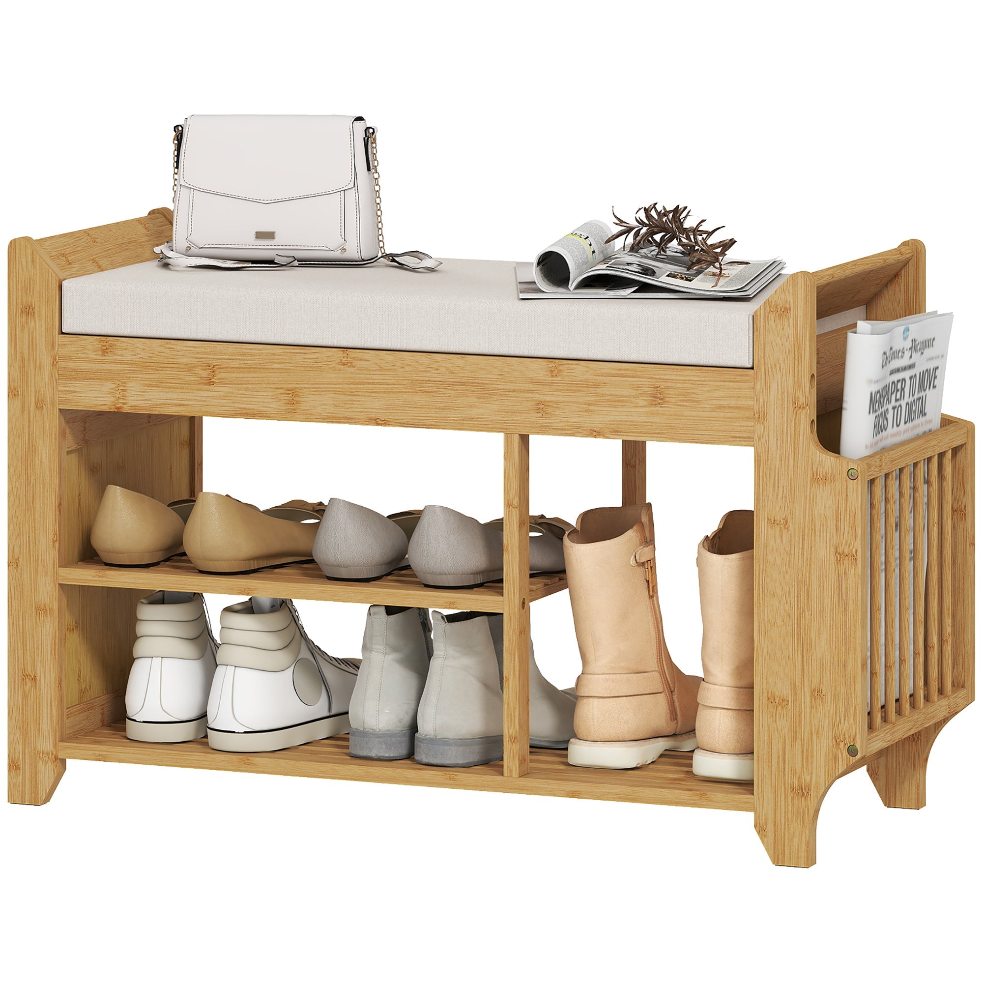 2-Tier Bamboo Shoe Bench with Cushion & Boot Rack 100x30x50cm Natural and Cream