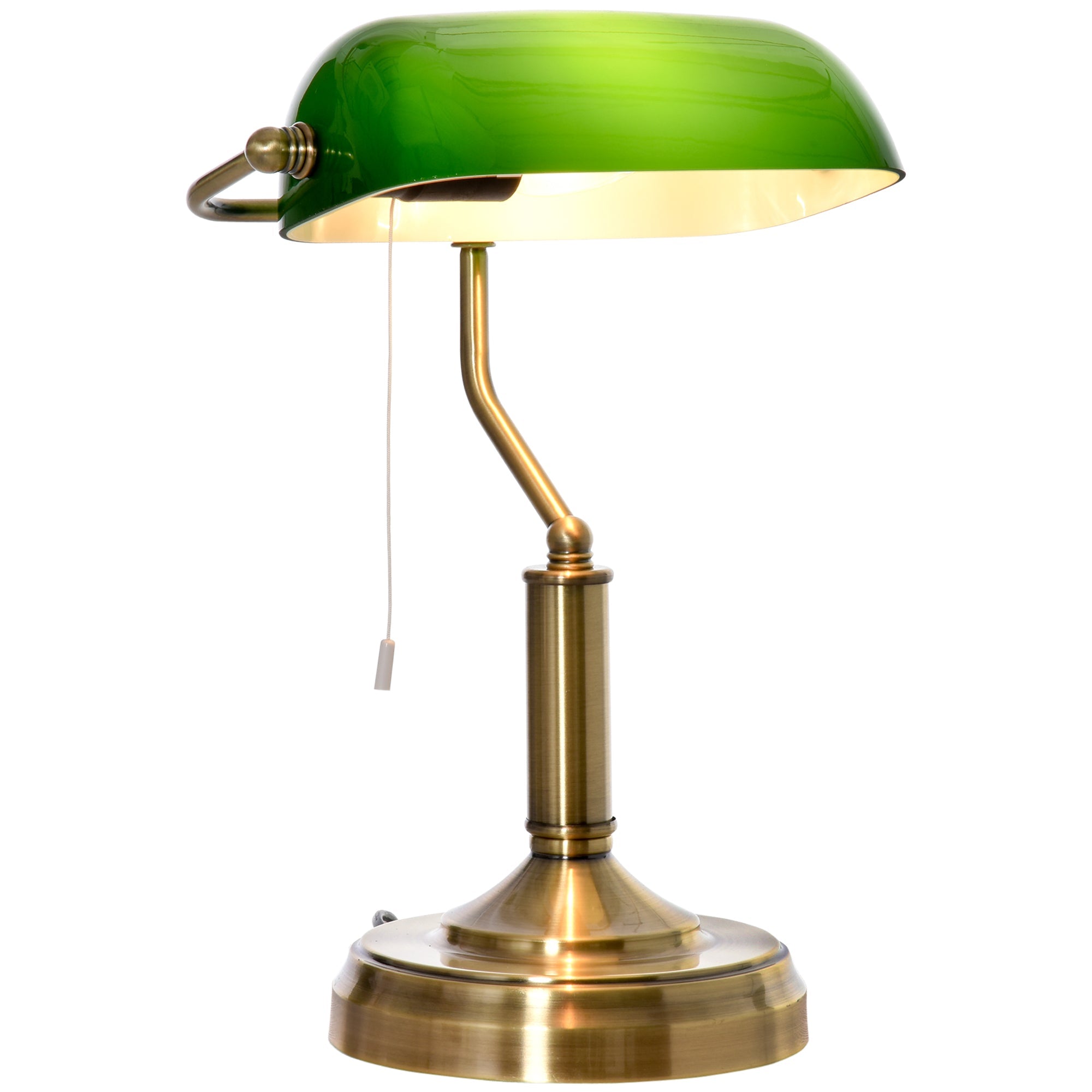 Antique Table Lamp with Bronze Tone Base, Green Glass Shade and Pull Rope Switch, Green
