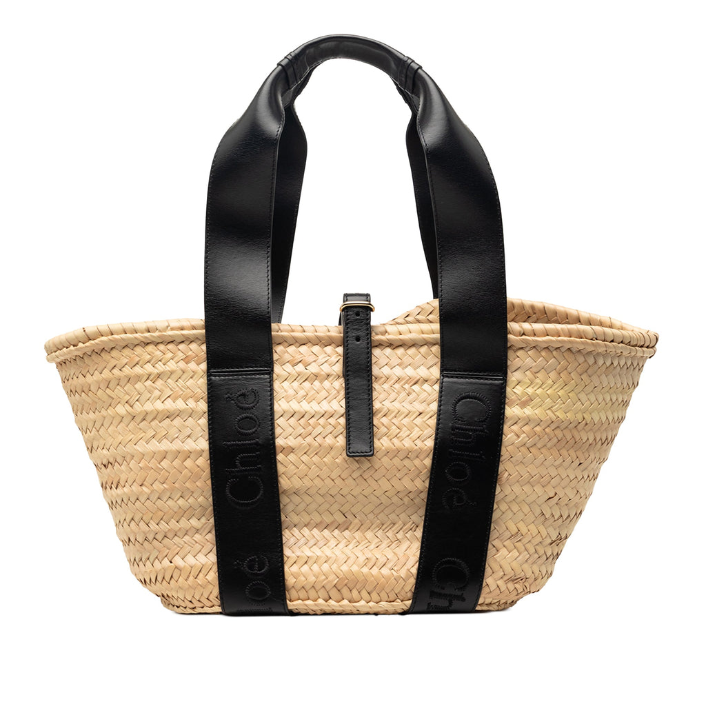 Medium Raffia and Smooth Calfskin Sense Basket Tote