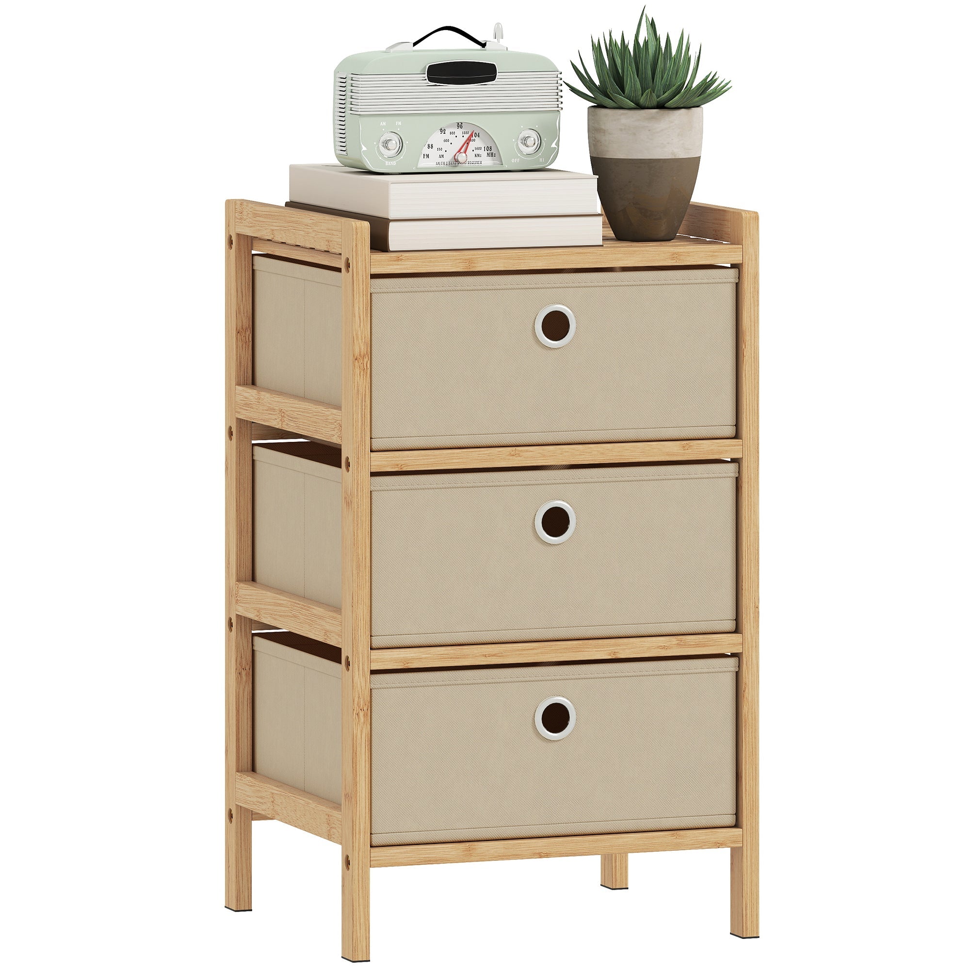 Compact Bamboo Chest, Slim 3-Drawer Natural Dresser Organizer, Cream White