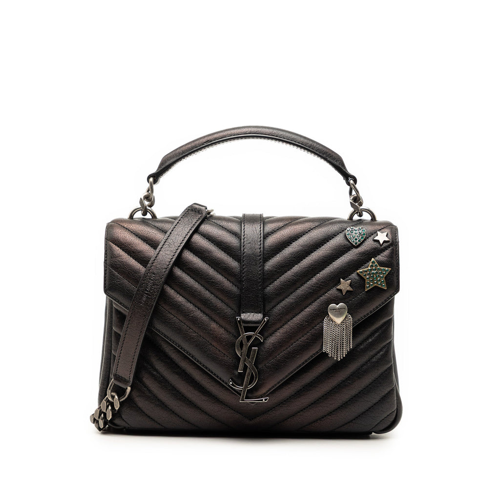 Medium Metallic Chevron Sheepskin Monogram College Pins Satchel