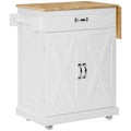 Foldable Kitchen Island on Wheels with Drop Leaf Wood Top, White