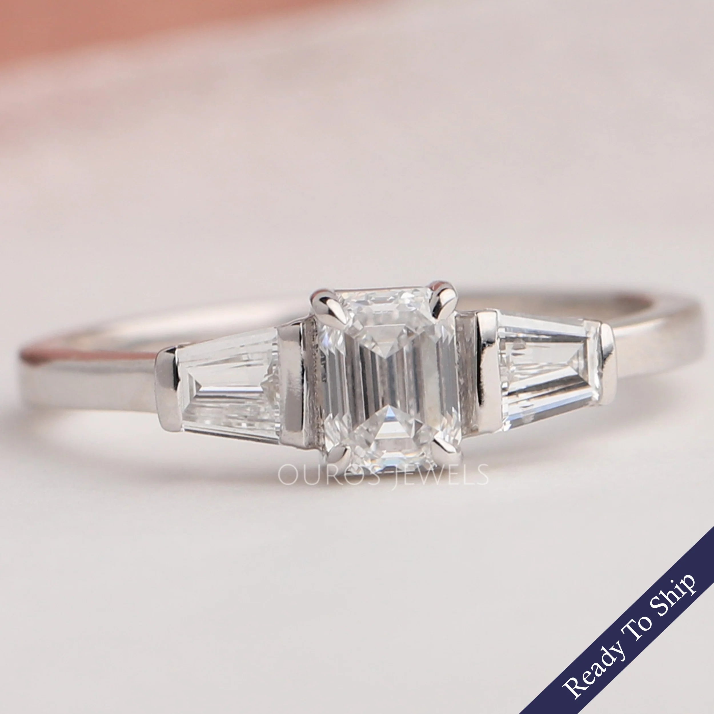 Three Stone Emerald Diamond  Engagement Ring