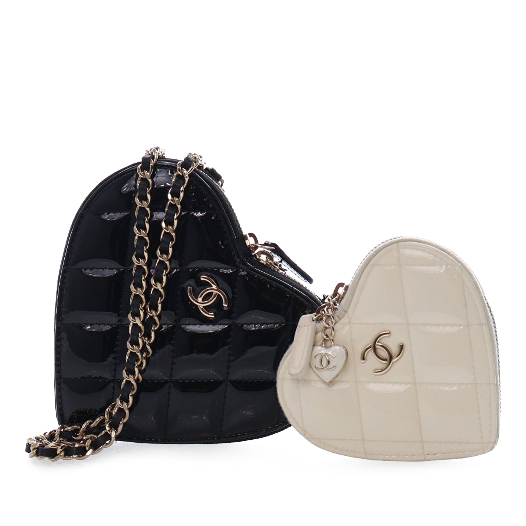 Quilted Patent Duo Heart Clutch with Chain