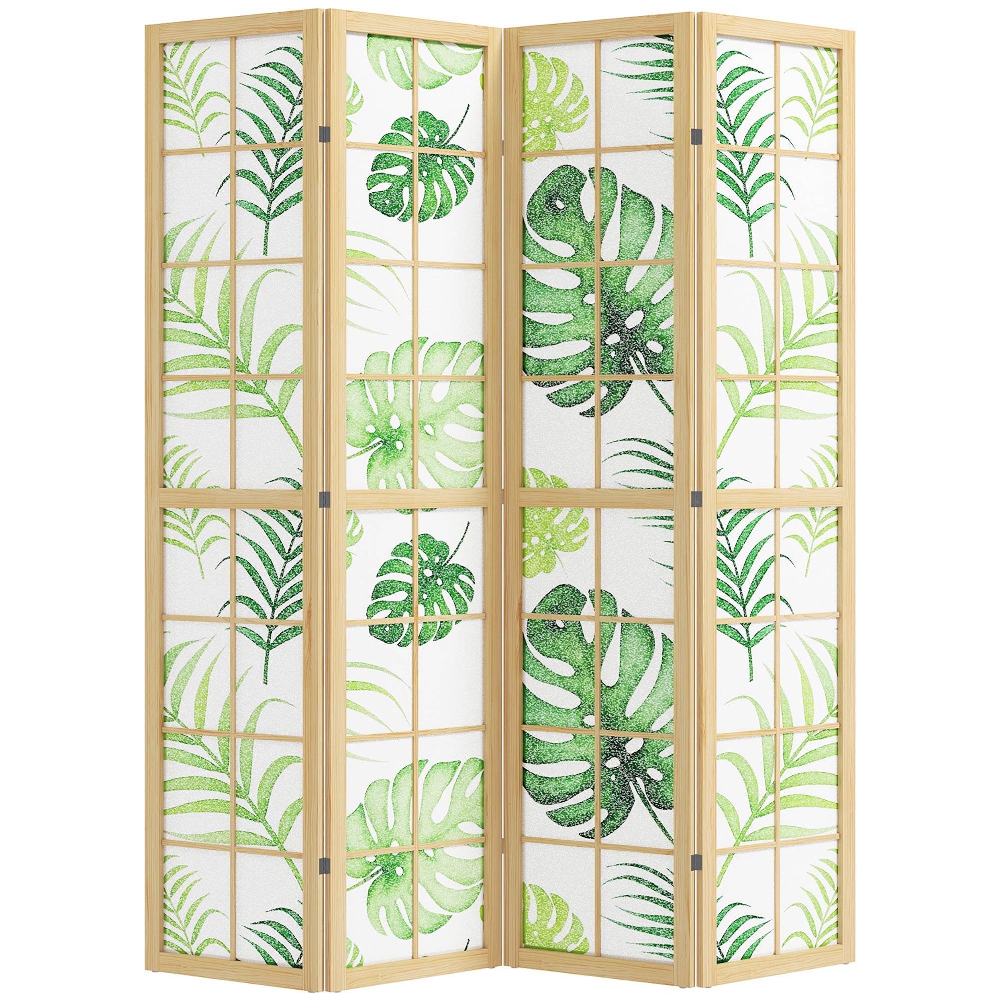 Boho Palm Leaf Folding Privacy Screen, 4 Panel Room Divider, Natural and Green