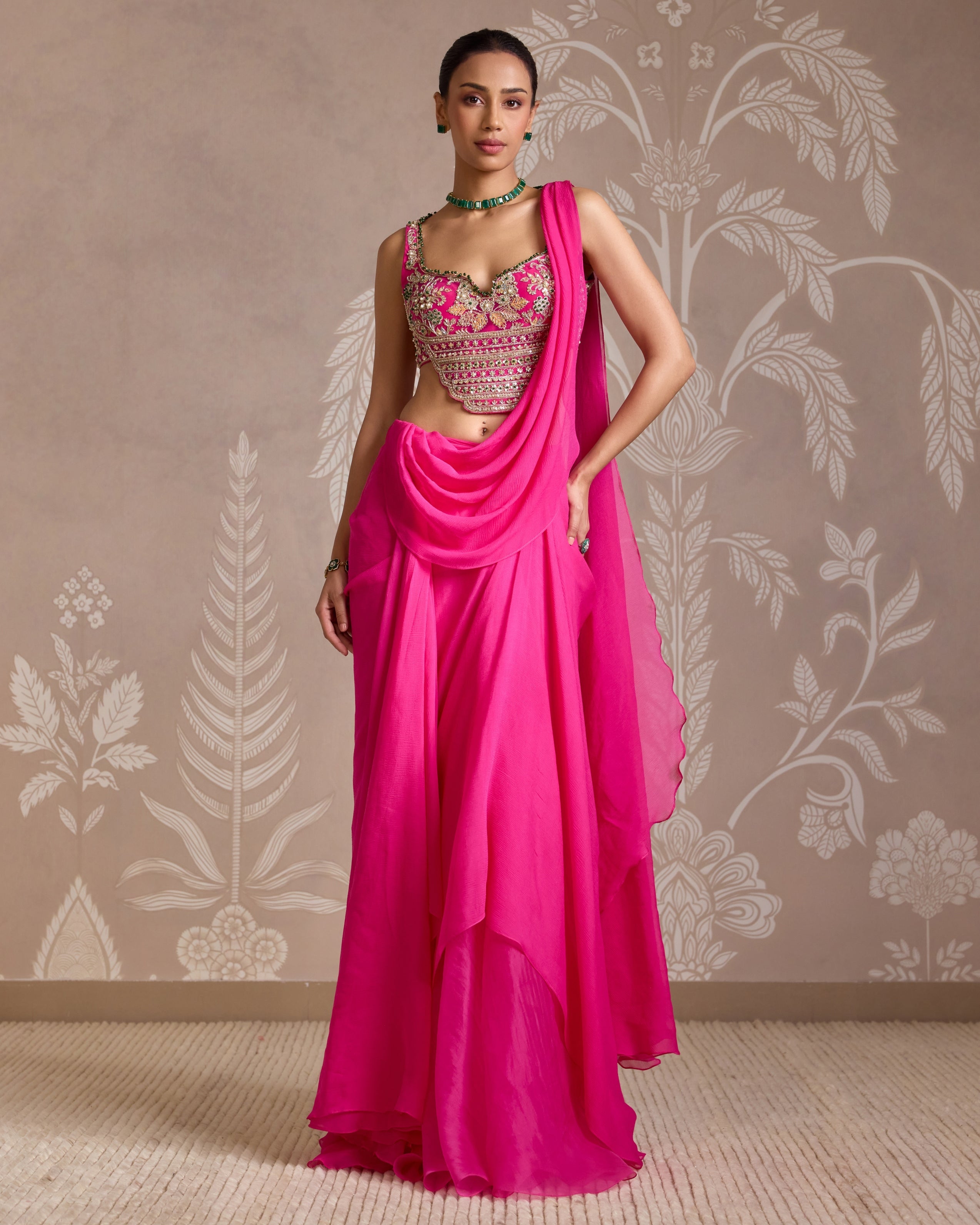 Bright Fucshia Knot Pre Draped Sari Set By KYNAH, Luxury Indian Fashion & Bridal Wear