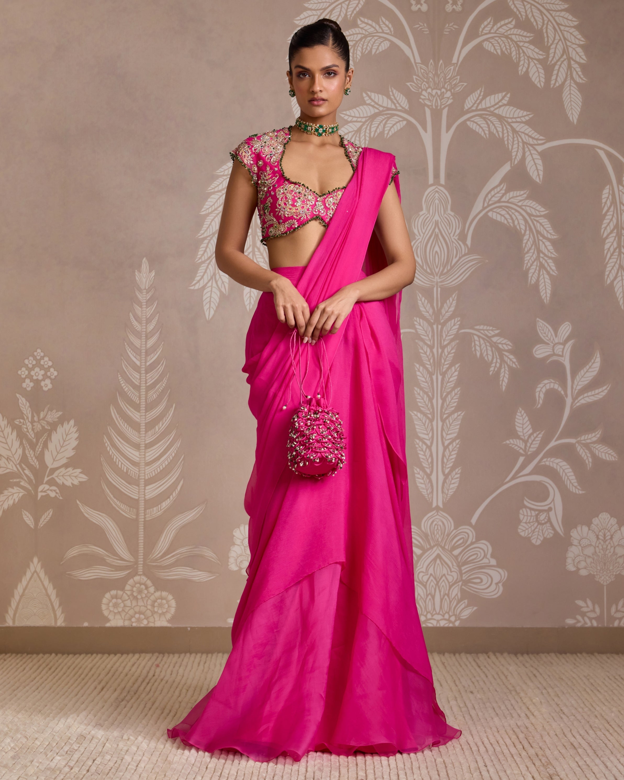 Twinted Tulle Embroidered Pre Draped Sari Set By KYNAH, Luxury Indian Fashion & Bridal Wear