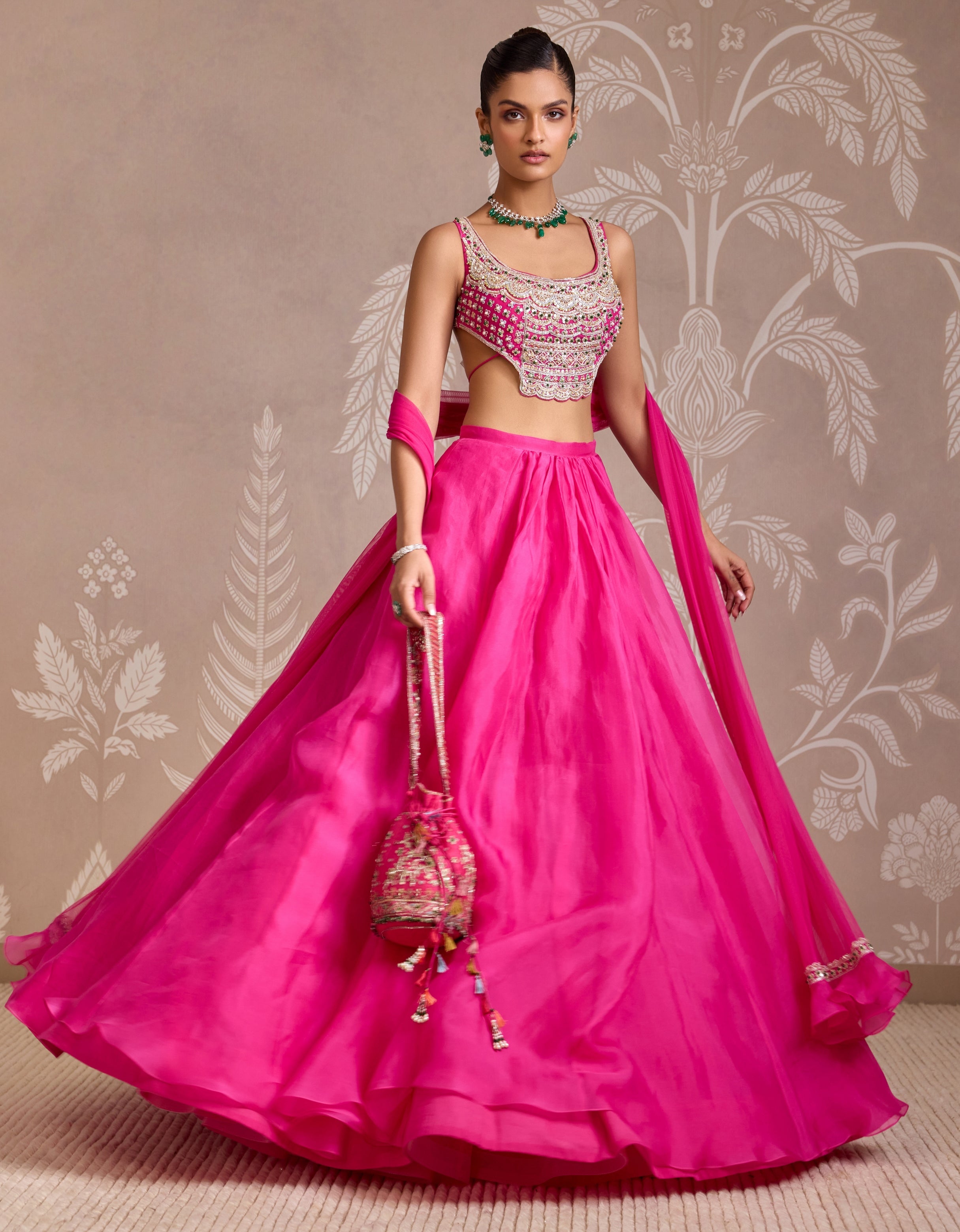 Ruffles Fucshia Floret Lehenga Set By KYNAH, Luxury Indian Fashion & Bridal Wear