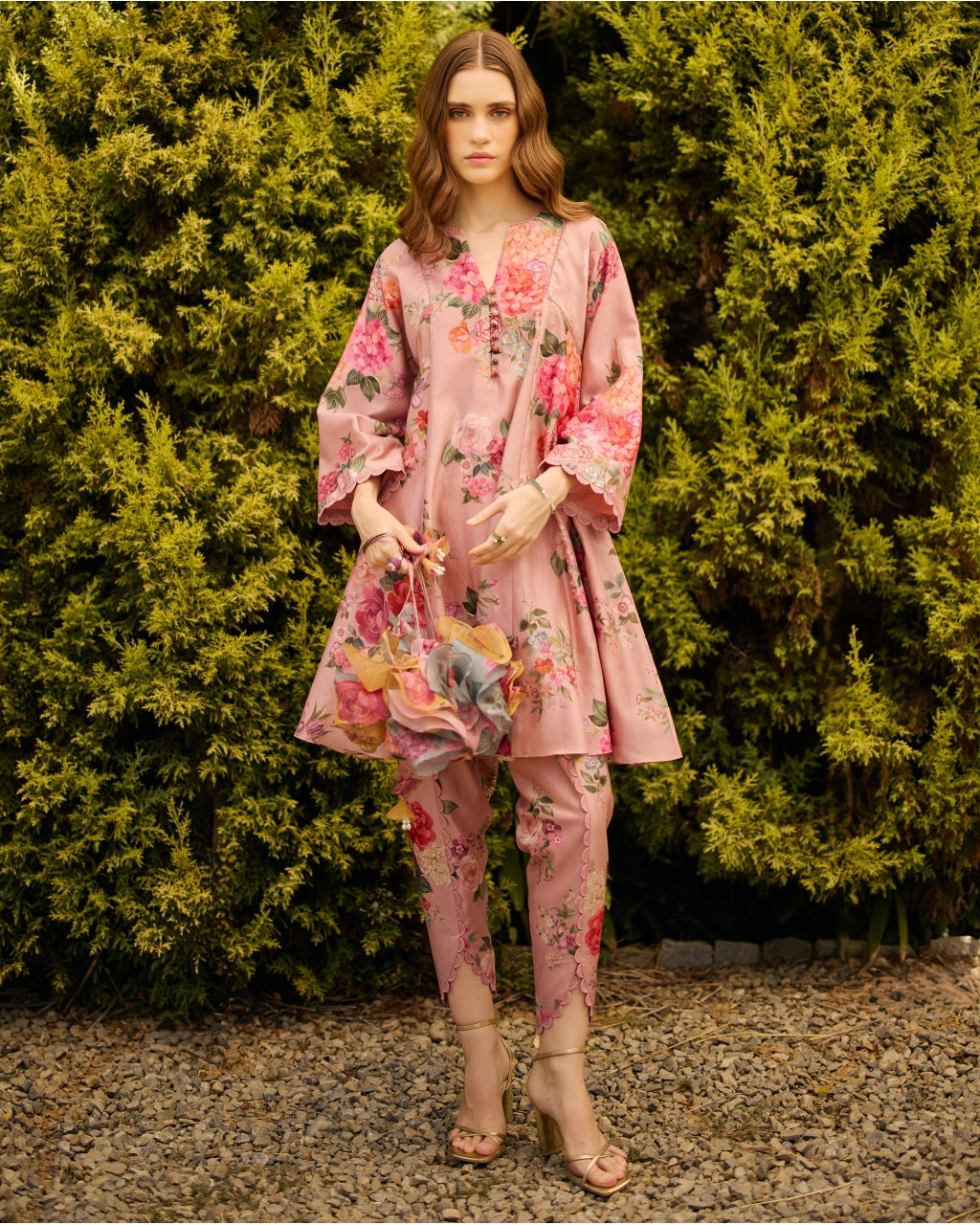Dusky Pink Floral Print Kurta Set By KYNAH, Luxury Indian Fashion & Bridal Wear