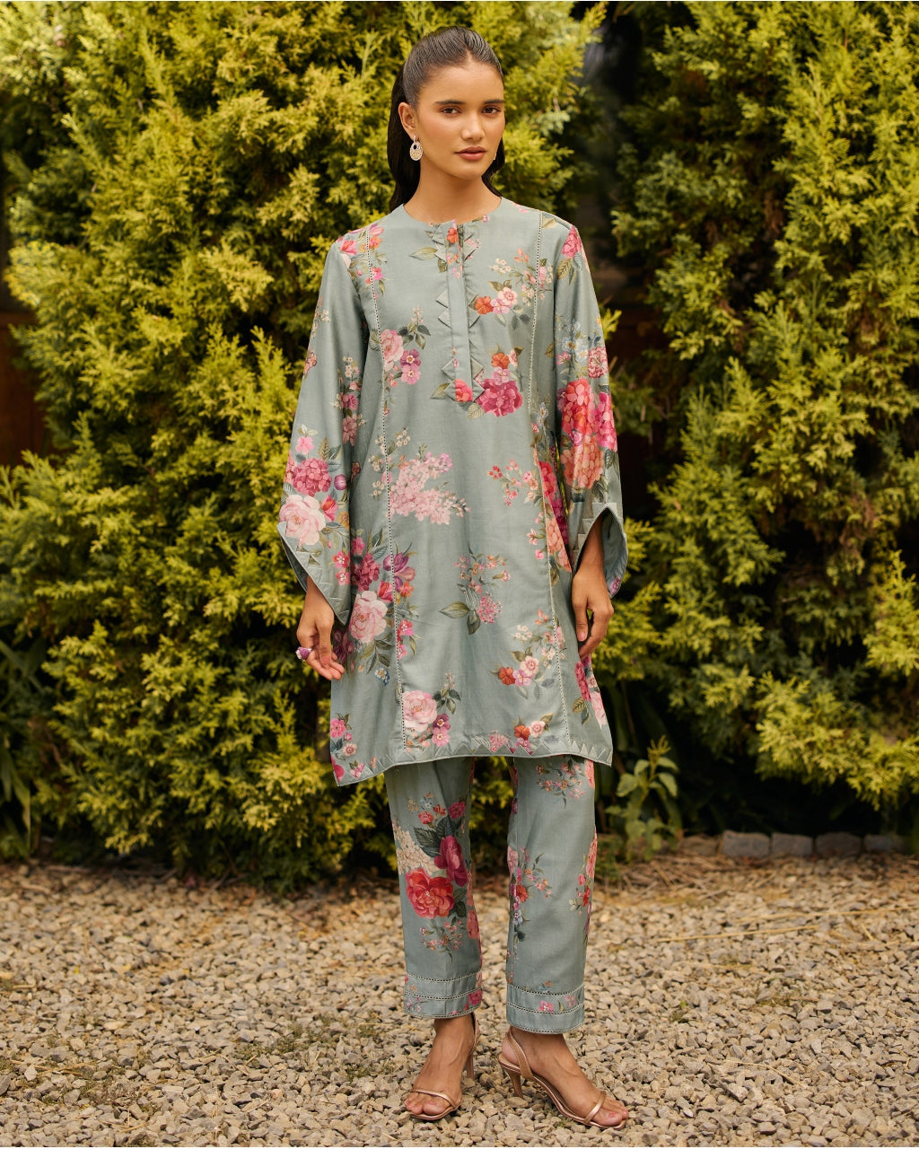 Sage Green Floral Print Kurta Set By KYNAH, Luxury Indian Fashion & Bridal Wear