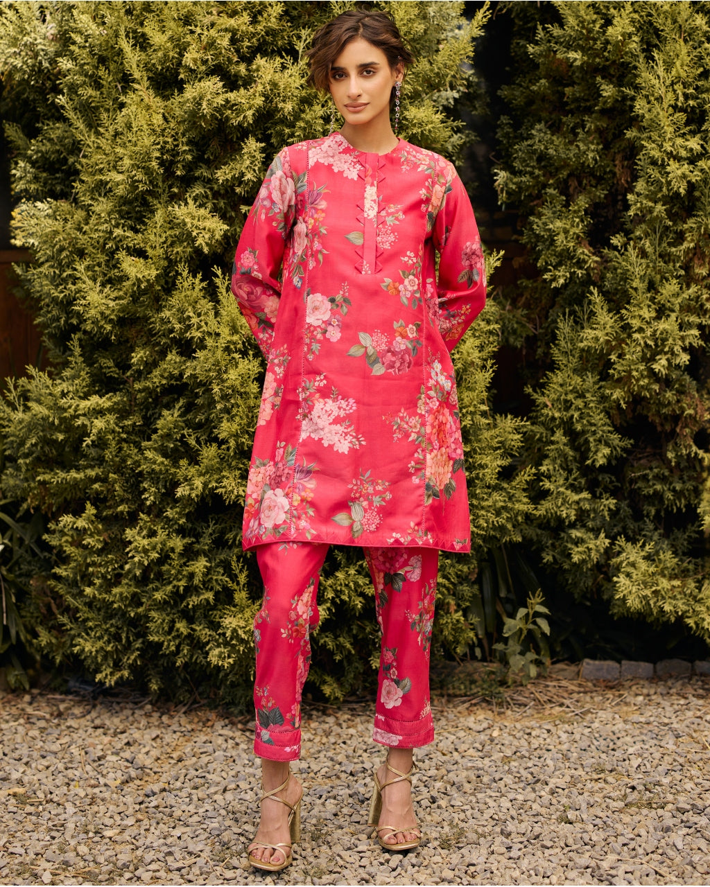 Fuschia Floral Print Kurta Set By KYNAH, Luxury Indian Fashion & Bridal Wear