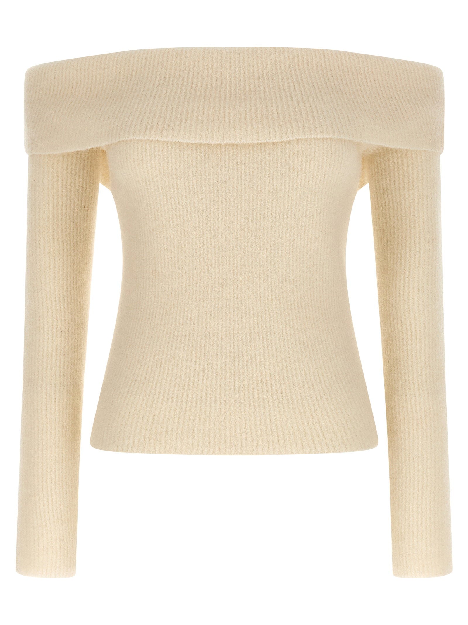 Rick Owens Ribbed Wool Off-the-Shoulder Sweater — Cream