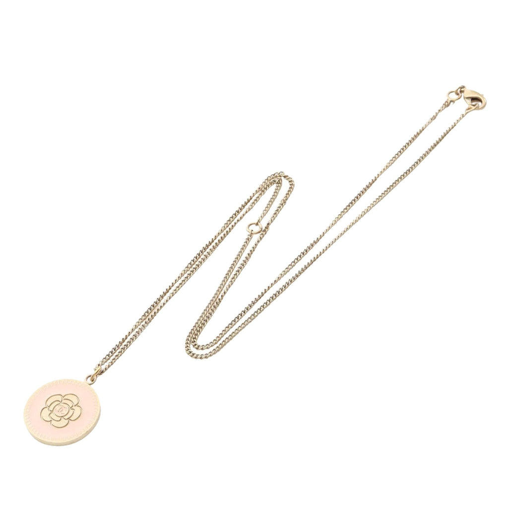 CC Gold Plated and Enamel Camellia Round Pendant Necklace