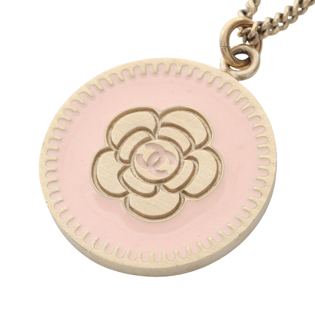 CC Gold Plated and Enamel Camellia Round Pendant Necklace