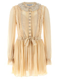 Self-Portrait Pleated Georgette with Jewel Collar Dress — Tan