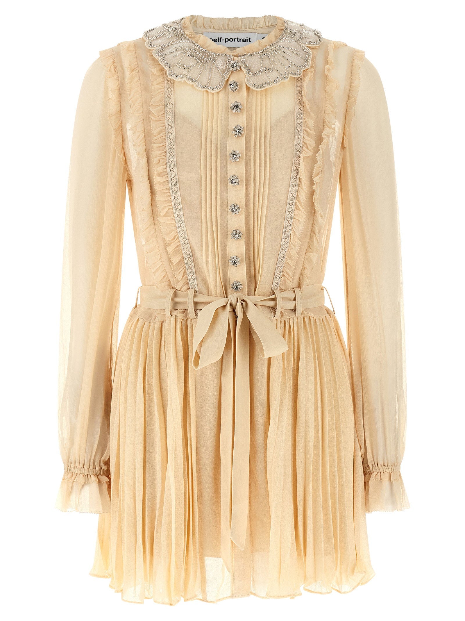 Self-Portrait Pleated Georgette with Jewel Collar Dress — Tan