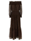 Self-Portrait Off-Shoulder Georgette with Lamé Dress — Brown