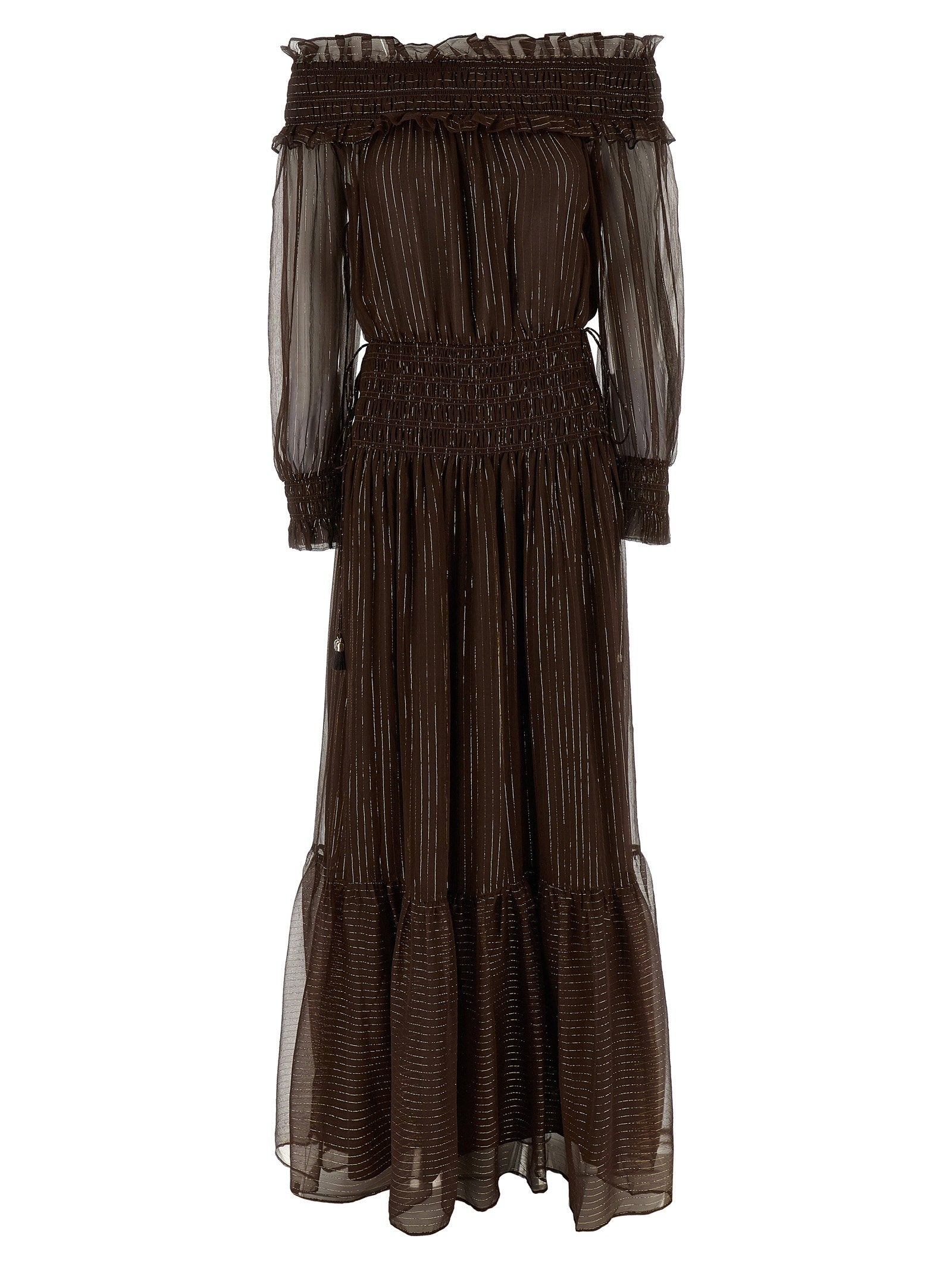Self-Portrait Off-Shoulder Georgette with Lamé Dress — Brown