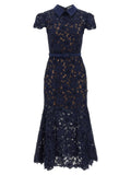 Self-Portrait Guipure Lace with 3D Floral Appliqué Dress — Navy