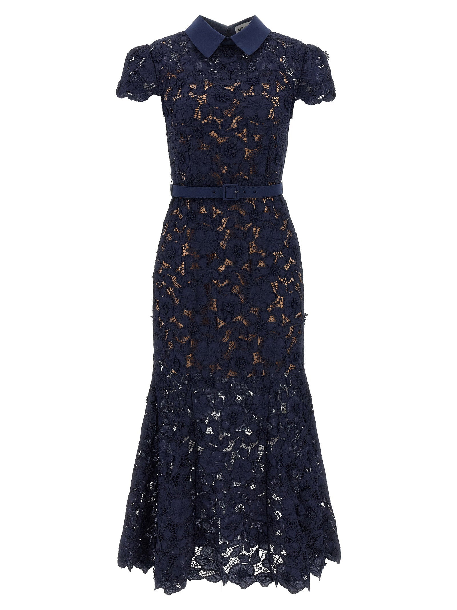 Self-Portrait Guipure Lace with 3D Floral Appliqué Dress — Navy