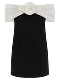 Self-Portrait Sculptural Flower-Appliqué Off-Shoulder Dress — Black