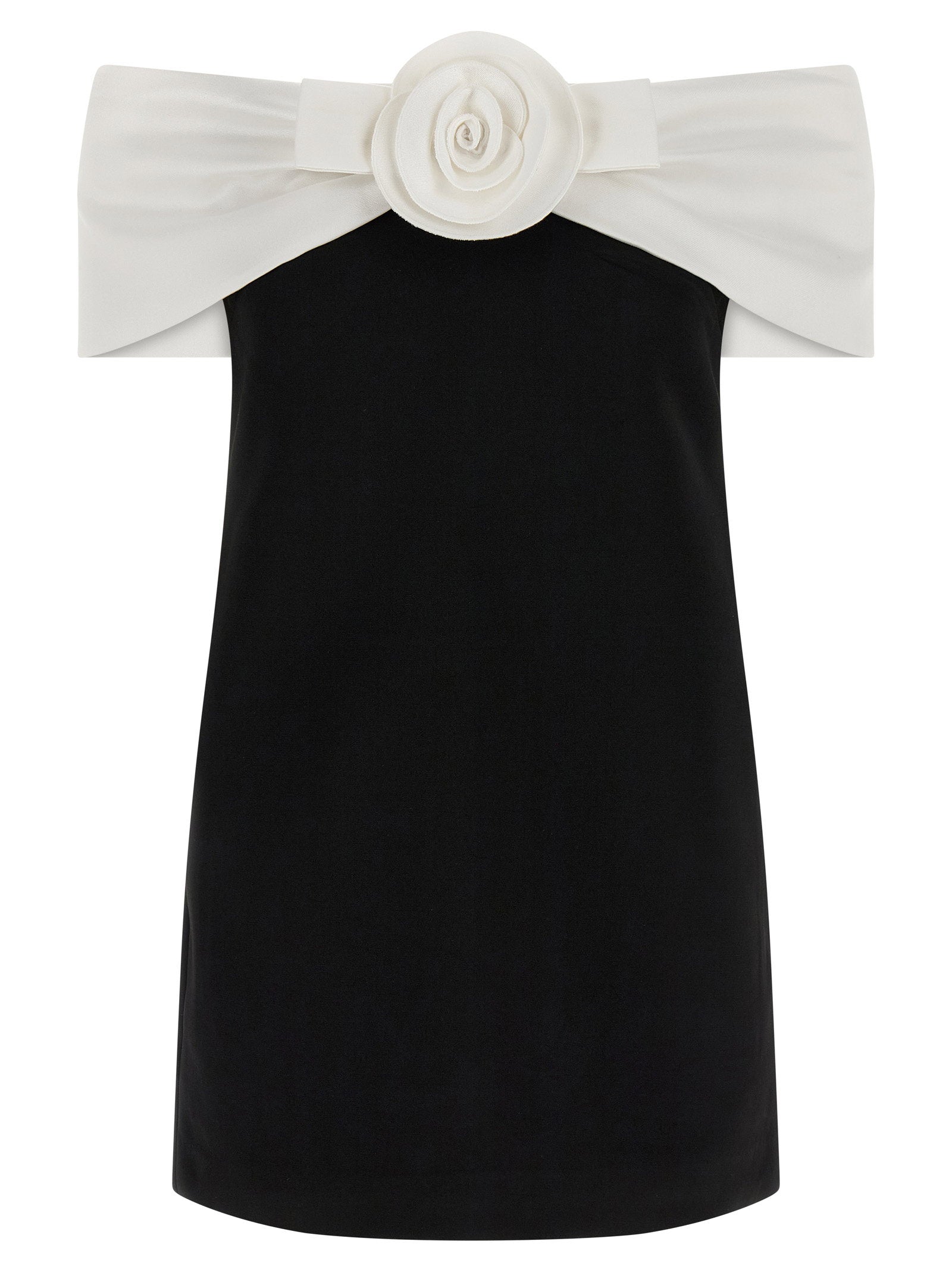 Self-Portrait Sculptural Flower-Appliqué Off-Shoulder Dress — Black