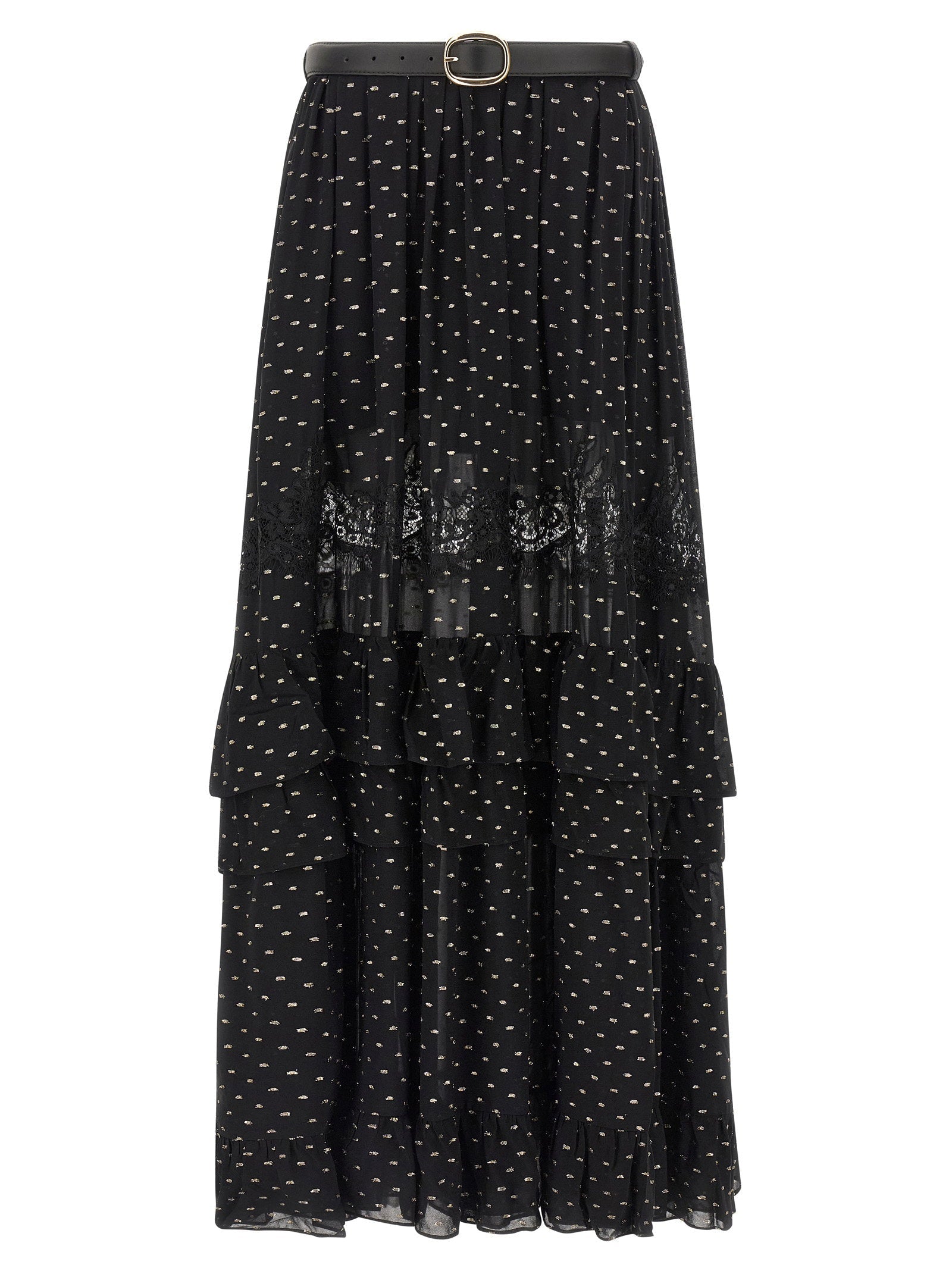 Self-Portrait Black and Gold Chiffon Lace Maxi Skirt — Black