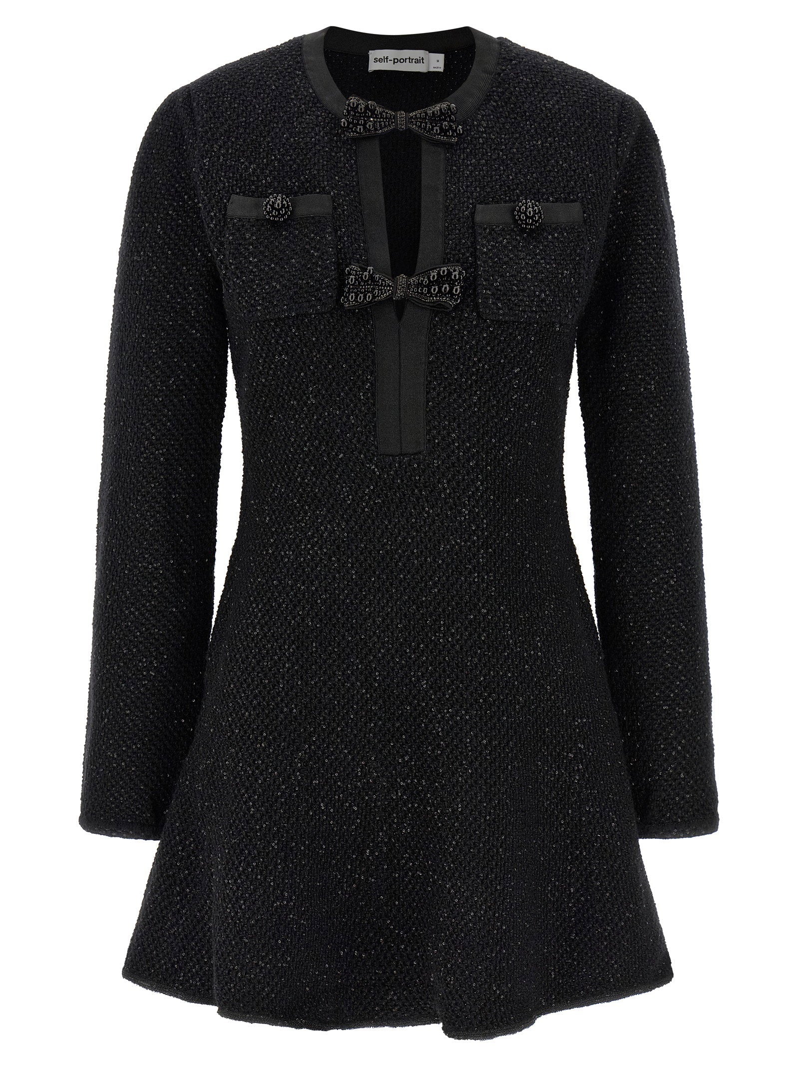 Self-Portrait Sequin-Embellished Knit Mini Dress — Black