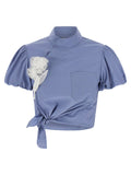 Self-Portrait High-Neck Cotton with Removable Corsage Blouse — Blue
