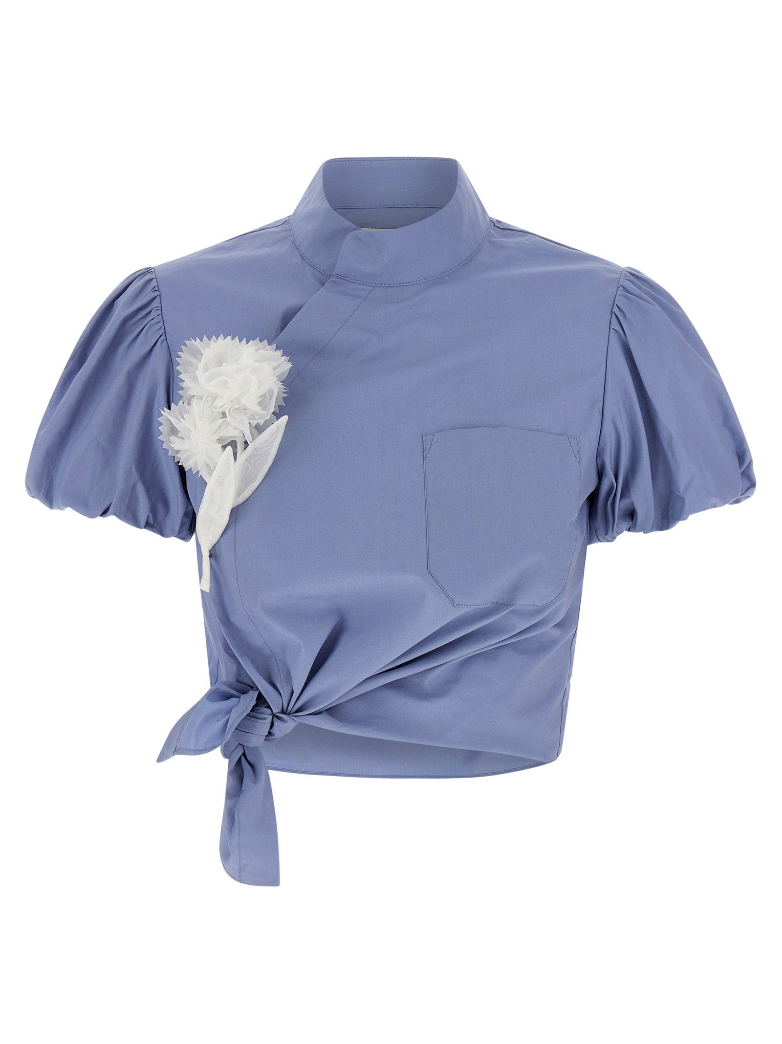 Self-Portrait High-Neck Cotton with Removable Corsage Blouse — Blue